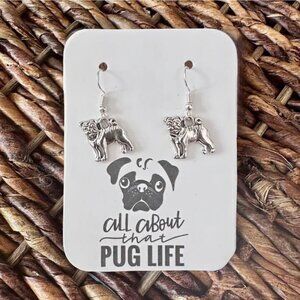 Cute New Silver-Tone Pug Dog Earrings (1.3" long x 0.7" wide)